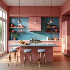 Modern Functional Kitchen with Earthy Terracotta, Pink and Teal Accents, Light Blue stools.  Kitchen cabinets, marble top kitchen bench, window, trendy 2025 earthy terracotta color. 
