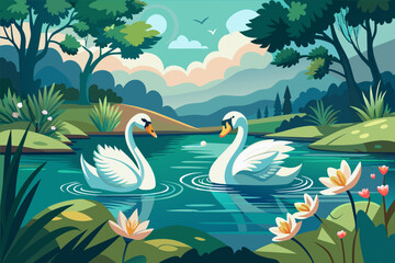 Obraz premium Two elegant swans gracefully gliding across a serene lake surrounded by lush greenery, colorful flowers, and majestic mountains at sunset
