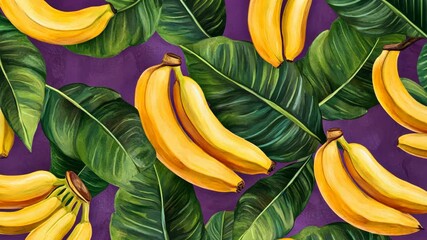 A close-up of ripe bananas and green leaves on a purple background - Powered by Adobe