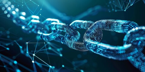 A high-tech blockchain network with interconnected nodes and encrypted data