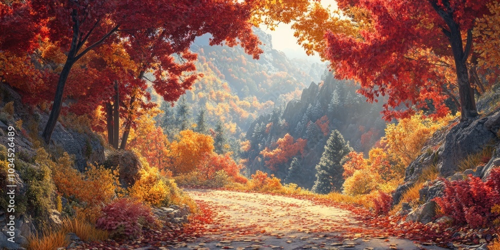 Aufkleber a vibrant autumn pathway lined with colorful trees in orange and red hues. soft sunlight filters thr