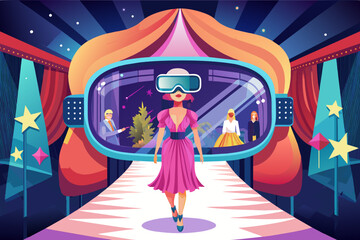 Fototapeta premium A fashionable model walks the runway adorned with virtual reality goggles during an innovative fashion show set against a vibrant stage backdrop
