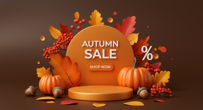 Autumn sale advertisement with colorful leaves and pumpkins
