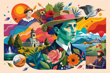 A vibrant illustration depicting an artistic journey in nature, showcasing diverse landscapes and figures celebrating creativity, tranquility, and exploration