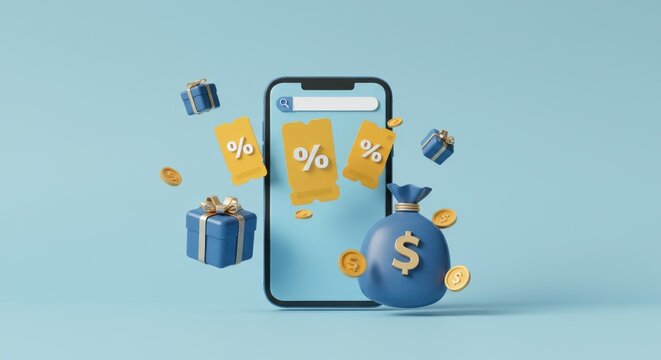 Blue-themed digital illustration of mobile shopping with discounts and gifts