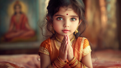 Fototapeta premium Charming Indian Girl in Traditional Saffron Attire with Hands Joined in Prayer