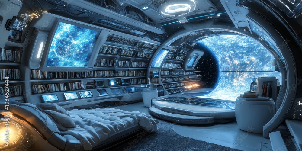 Poster virtual library in a sci-fi spaceship with digital star maps, interactive screens, and zero-gravity 
