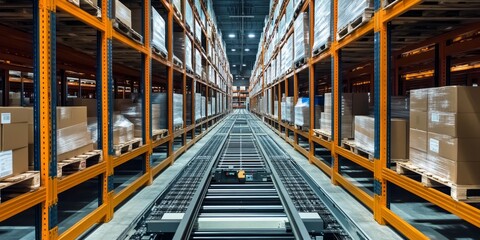 Fototapeta premium Innovative warehouse with robotic sorting lines, automated pallet movers, and advanced digital inventory systems
