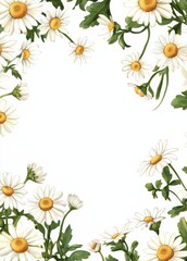 Fototapeta premium Chamomile Floral Design: A Vintage Vector Illustration Featuring Delicate Daisies and Leaves on a White Background, Perfect for Wedding Invitations and Elegant Decor.