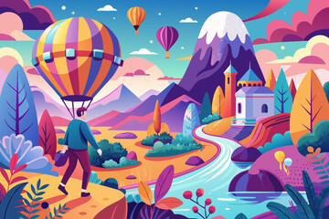 A vibrant landscape featuring colorful hot air balloons flying above a mystical castle with lush greenery and a winding river under a bright sky during sunset