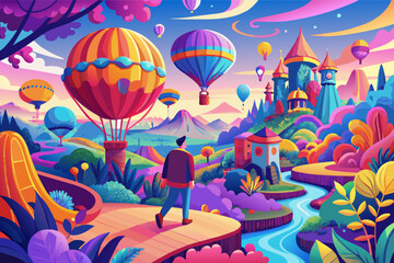 A vibrant landscape featuring colorful hot air balloons flying above a mystical castle with lush greenery and a winding river under a bright sky during sunset
