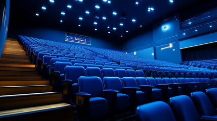 Naklejka premium Empty blue theater seats with a wooden stairway