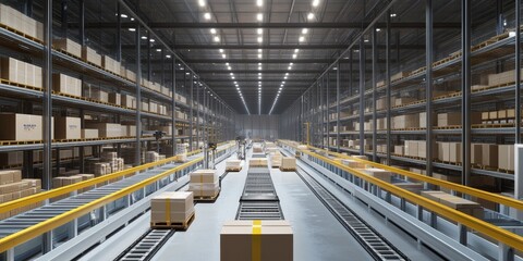 Fototapeta premium Warehouse with cutting-edge automation, robotic arms for sorting, and sleek, efficient design for optimal productivity