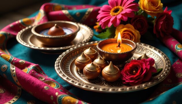 An arrangement of beautiful flowers and ornate silver plates filled with festive items like mehendi cones, sweets, and a diya glowing gently