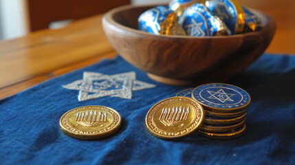 Golden gelt coins and blue dreidels on a star of david cloth, symbolizing hanukkah celebration with a focus on traditional symbols, hanukkah jewish holiday