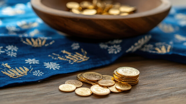 Golden gelt coins on embroidered blue cloth with wooden bowl in the background celebrating hanukkah jewish holiday - Powered by Adobe