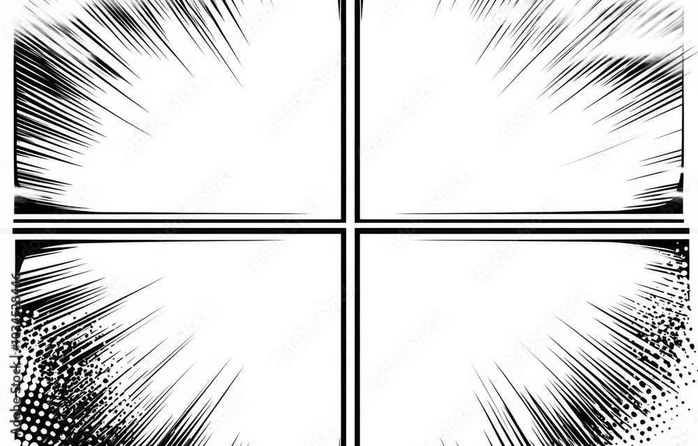 Poster dynamic comic book background with four panels and halftone pattern, featuring sun rays and sharp li