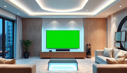 modern living room with green screen TV