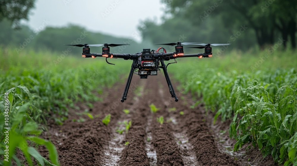 Poster a drone is maneuvering above freshly tilled soil, capturing data in an agricultural field filled wit