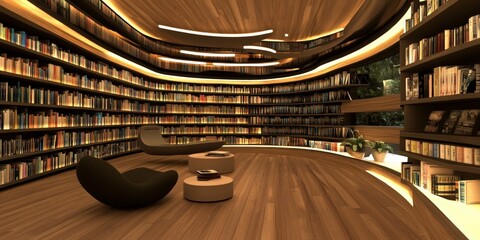 Virtual library with a modern minimalist design, digital art installations, and seamless interface for easy navigation