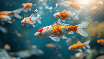 Playful Koi Fish in Clear Water: Sunlight Illuminating Their Colorful Dance