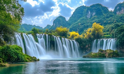 Fototapeta premium A picturesque waterfall cascades down the river