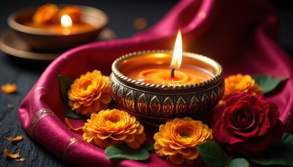 An elegant close-up of a brass diya surrounded by fresh marigold petals and Karwa Chauth items on a silk cloth; soft lighting enhances the intricate details