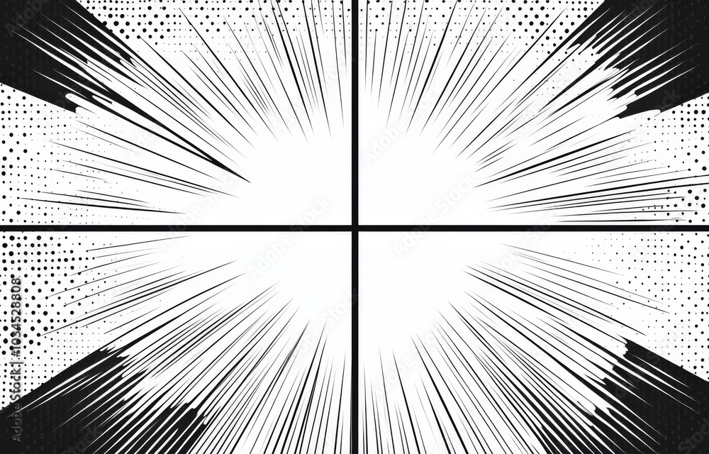 Poster dynamic comic book background with four panels and halftone pattern, featuring sun rays and sharp li