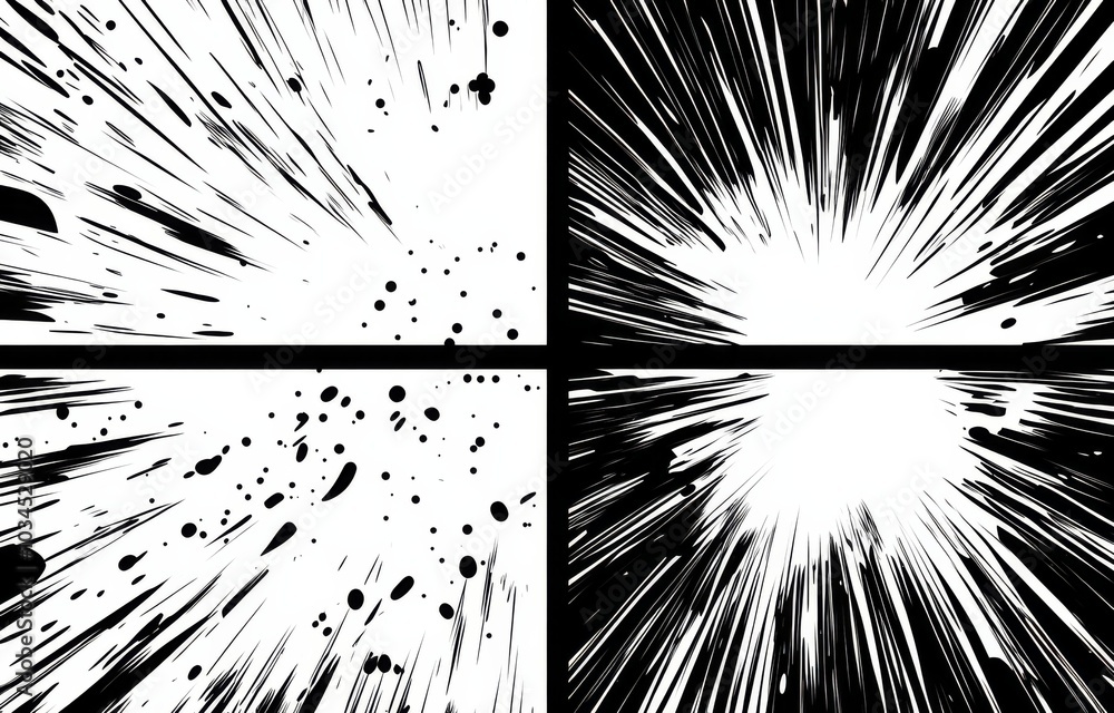 Poster dynamic comic book background with four panels and halftone pattern, featuring sun rays and sharp li