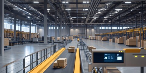 Obraz premium Warehouse with automated conveyors, high-speed sorting robots, and digital inventory management screens