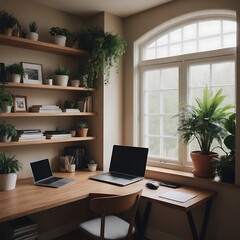 Fototapeta premium Bright and Organized Home Office with Laptop and Natural Light