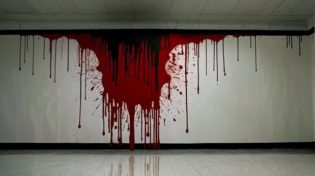 Blood splatters and drips down a wall in an empty room, creating a chilling and eerie scene. The red and white stains form a gruesome pattern against the dark background, adding a spooky element