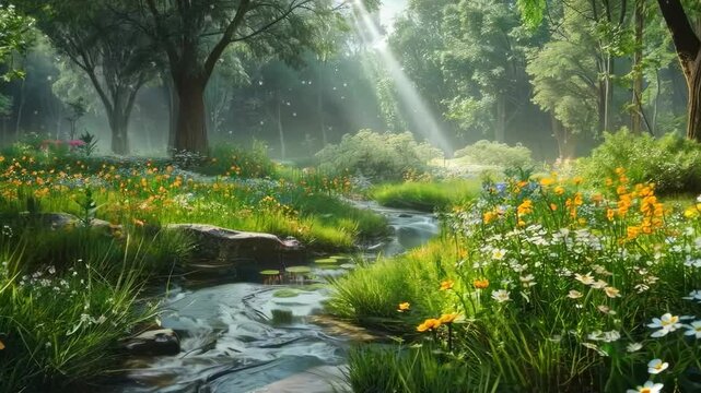 Lush park with a winding creek and wildflowers, Video