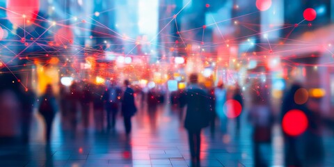 Obraz premium Blurred image of a city with neon lines connecting people and devices, representing digital communication and connected network
