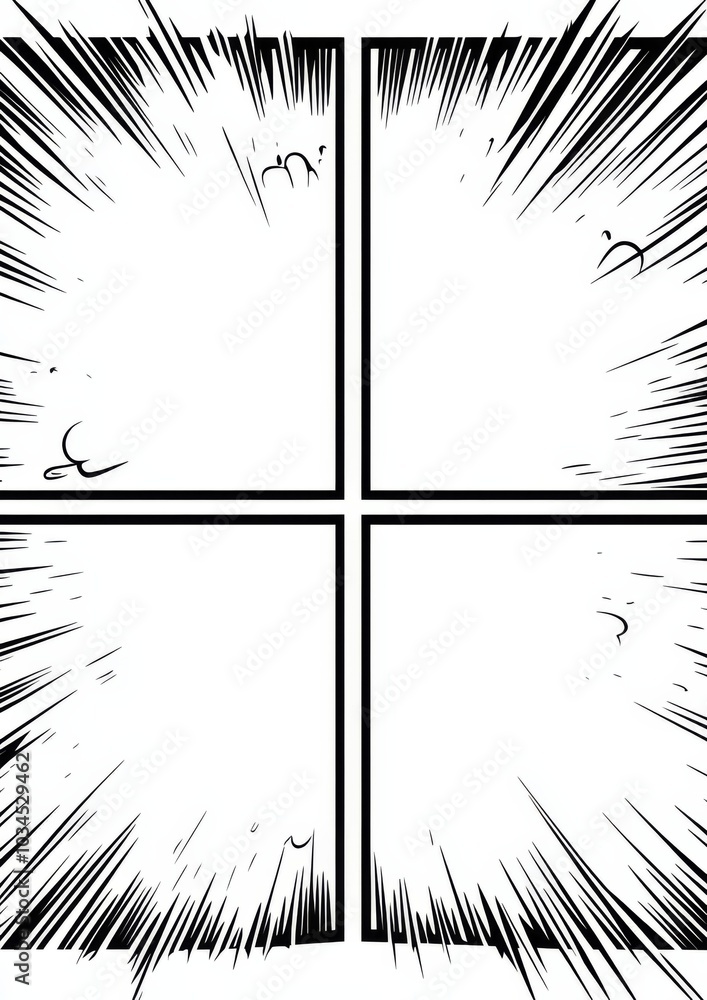 Poster dynamic comic book background with four panels and halftone pattern, featuring sun rays and sharp li