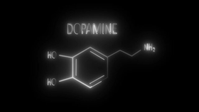 Dopamine Molecule Structure Symbol Neon line white color Animation on Black Background.