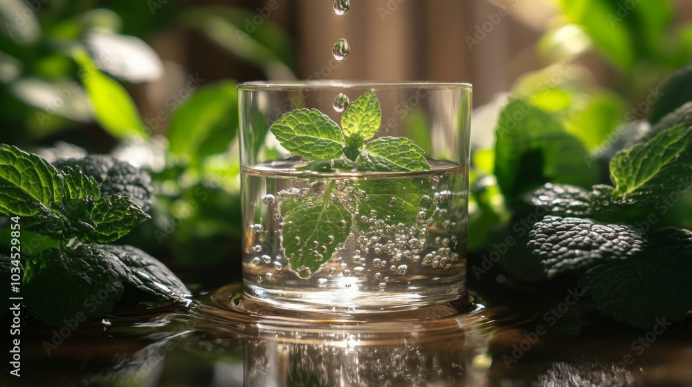 Poster droplets fall into a glass filled with water and mint leaves, creating bubbles against a backdrop of