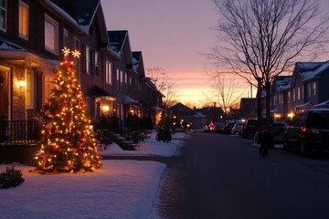 Festive street scene with Christmas lights and decorated houses on a snowy winter evening.