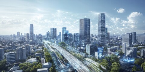 Fototapeta premium Futuristic cityscape with lines linking various smart devices and buildings, representing a connected smart city