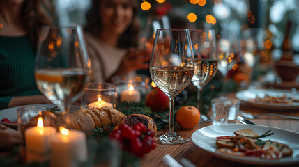 a group of happy people at the table eating Thanksgiving Easter Christmas