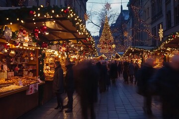 Obraz premium a bustling Christmas market with decorated stalls, festive food, and holiday shoppers moving quickly in the time-lapse