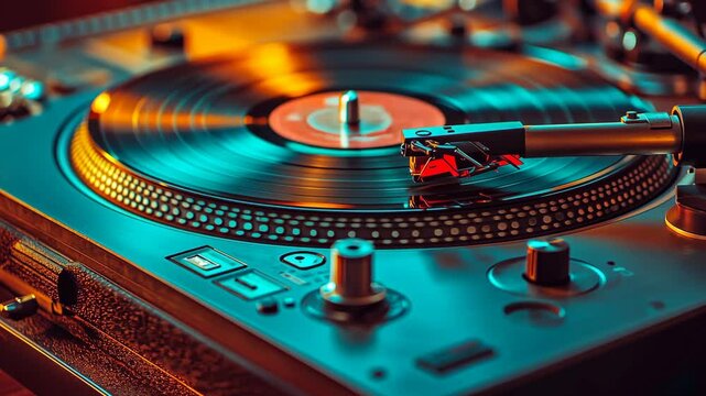 A close-up view of a turntable with a vinyl record playing