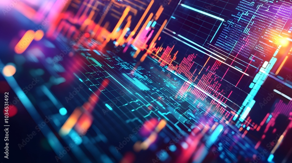 Poster abstract digital data visualization with blue and red lines and glowing effects