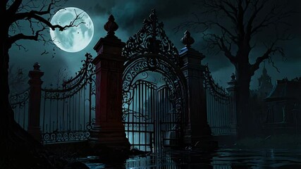 Imposing wrought iron gate is opening on a spooky night, revealing an old abandoned mansion in the distance, under the light of a full moon for Halloween atmosphere and game design - Powered by Adobe