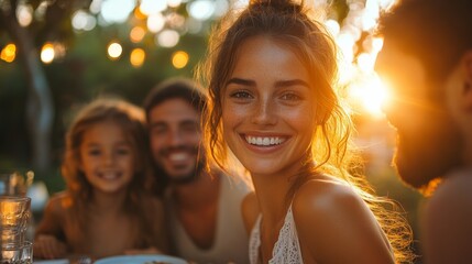 A group of friends and family enjoy each other's company during a sunset gathering in a garden, sharing laughter and delicious food, creating joyful memories.