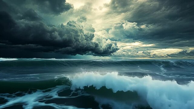 Dark storm clouds gather over a vast, rough ocean with large waves crashing