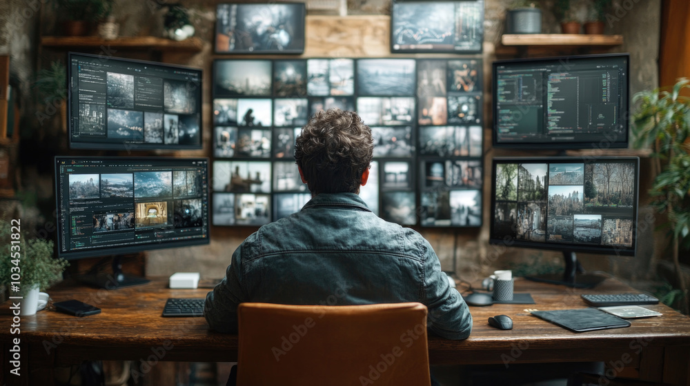 Poster a digital artist sits at a desk surrounded by multiple monitors, engrossed in artistic projects whil