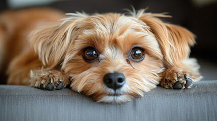 A small, fluffy dog relaxes on a couch, gazing curiously with its big, expressive eyes during a peaceful afternoon