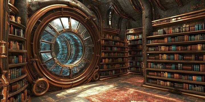 Virtual library with a steampunk theme, digital clockwork bookshelves, interactive gears, and vintage tech aesthetic