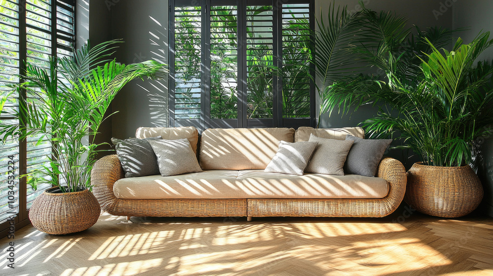 Poster sunlight streams through slatted windows, casting shadows on a plush sofa surrounded by lush green p